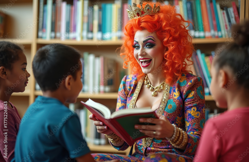Obraz premium Drag queen in vibrant costume reads story to attentive children. Performer with bright orange hair, makeup entertains kids in library. Joyful event promotes literacy, inclusion, diversity,