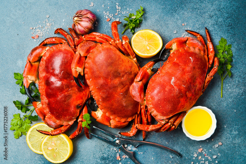 Seafood. Steaming boiled crab. On a stone background. Top view. Close-up.