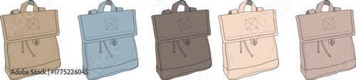 Set of five stylish and simple backpacks in a palette of muted, earthy colors. Vector illustration of casual rucksacks for school or travel isolated on white
