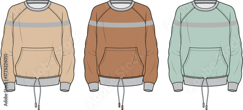 Fashionable long-sleeved tops with a convenient front pocket and adjustable drawstring, presented in three distinct color options for a stylish wardrobe addition