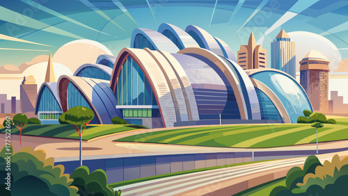 Very beautiful view of the Kauffman Center for the Performing Arts in Kansas City, Missouri, USA, showcasing its iconic modern architecture with sweeping curved roofs and elegant glass façades under 