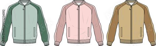 Set of three athletic bomber jackets in different colors mint green, pale pink, and tan