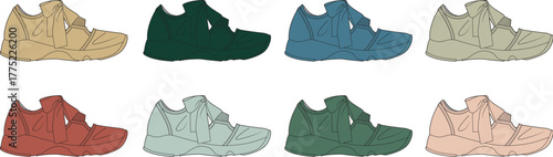 A collection of athletic footwear designs in various earthy and muted color palettes, showcasing casual sandal-style shoes