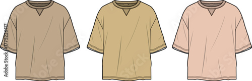 Fashion Flat Sketch of Three T-Shirts with V-Neck and Short Sleeves in Different Earthy Tones