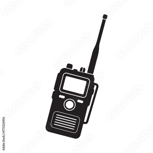 Portable two-way radio communication device concept, a black silhouette graphic illustration for various communication needs including security, outdoor activities, and emergency response teams