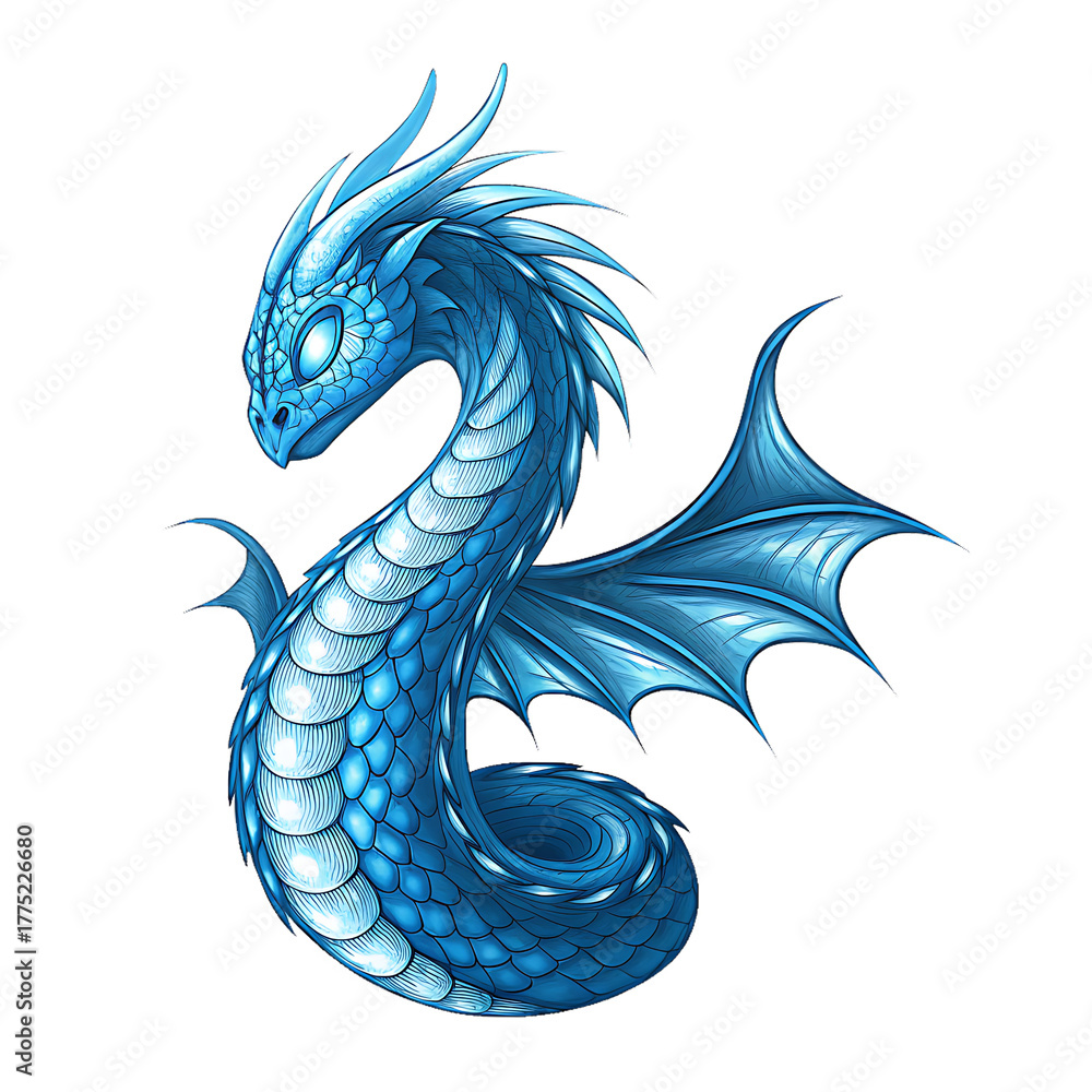 Fototapeta premium Blue serpentine dragon with scales and wings on background fantasy creature isolated on a transparent background