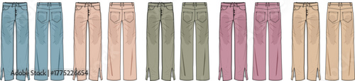 A comprehensive vector template showcasing women's straight-leg pants in multiple colorways. This fashion technical flat sketch includes front and back views for apparel design and clothing mockups