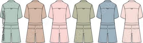 A set of women's short-sleeve romper jumpsuit technical flat sketches from the back view, presented in a palette of different colorways for apparel design