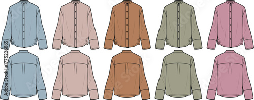Technical fashion flat sketches featuring women's long-sleeved button-up collared shirts in a diverse palette of muted colors, perfect for design and apparel templates