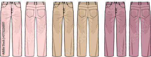 Set of women's casual trousers in pink, beige, and mauve colorways. Fashion technical flat sketch collection showing front and back views of the pants