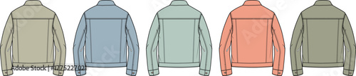 Vector illustration featuring multiple back views of a classic casual jacket in a diverse range of colors, offering versatile apparel design concepts for fashion collections and clothing development