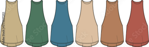 Collection of diverse colored casual sleeveless tunics and simple comfort dresses for women, showcasing versatile and relaxed fashion apparel