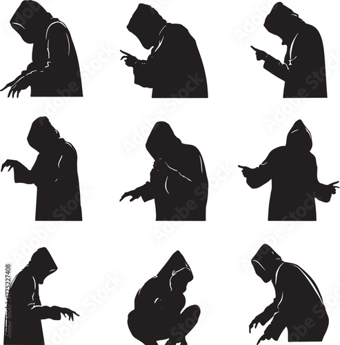 Black Silhouettes of a Hooded Figure in Various Poses