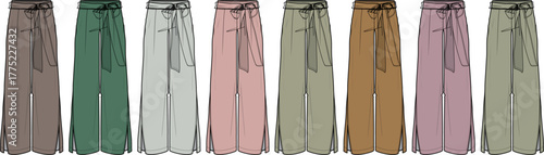 A collection of seven different colored wide-leg trousers, perfect for women's fashion and wardrobe essentials