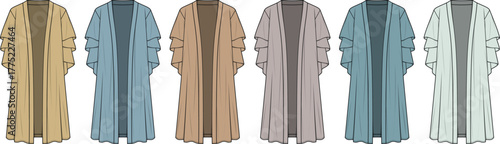 Fashion illustration of a diverse palette of women's long cardigans, perfect for versatile layering, offering comfort and style for a modern wardrobe