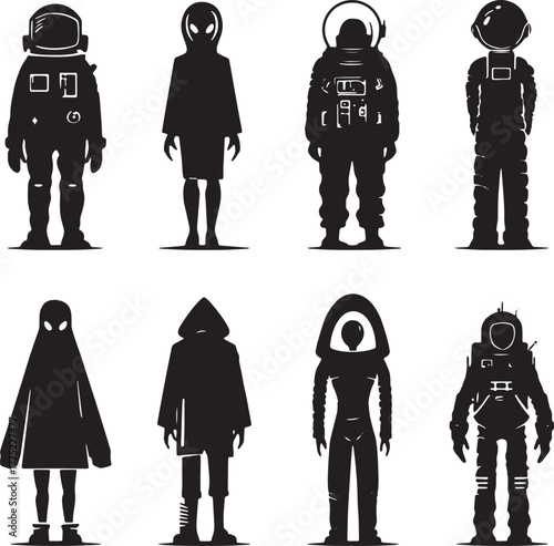 Diverse Silhouettes of Astronauts and Aliens space suit