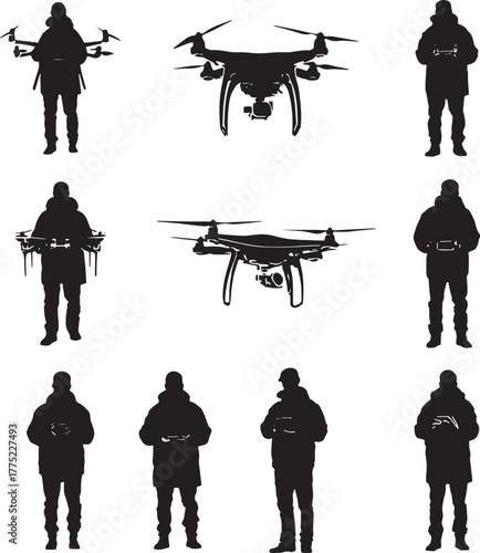 Drones and People Silhouettes Keywords: drone, UAV, quadcopter, person, silhouette, holding