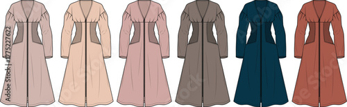 Collection of stylish long coats in various neutral and earthy tones displayed in a row