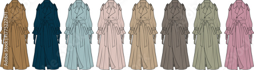 A stylish and versatile collection of women's trench coats in various fashion-forward colors, offering diverse outerwear options for modern apparel design and seasonal wardrobe planning