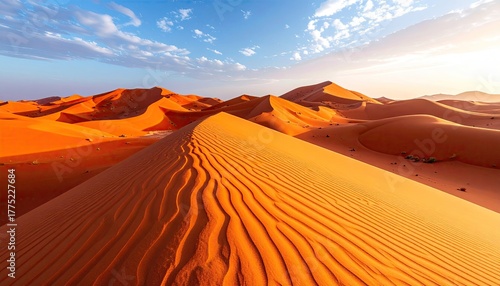 Fototapeta Naklejka Na Ścianę i Meble -  Pixelated desert landscape with rolling sand dunes under a bright blue sky with scattered clouds and warm golden hour sunlight casting long shadows across the sand in a vibrant orange hue