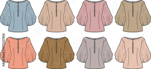 Collection of Women's Tops in Various Soft Pastel Colors with Puff Sleeves and Zipper Details