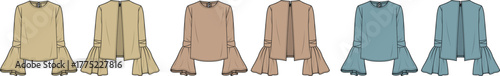 Fashion flat sketches of long-sleeved blouses with flared cuffs and open collars