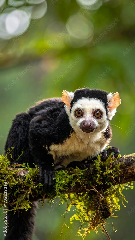 Obraz premium Black and white ruffed lemur sits on a mossy branch, staring directly at the viewer