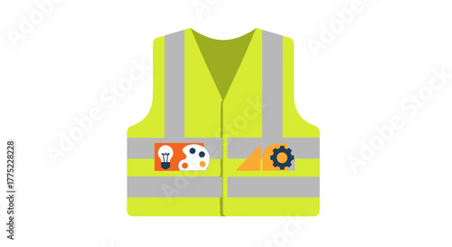 Bright Yellow Safety Vest with Reflective Strips and Icons.