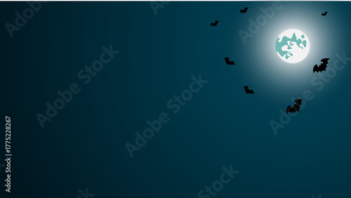 Halloween Night Bats Silhouetted Against a Glowing Moon in a Dark Blue Sky