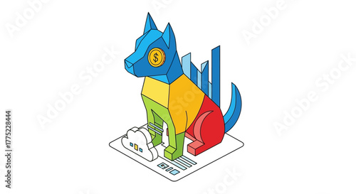 Colorful dog with dollar eye and financial growth chart illustration.