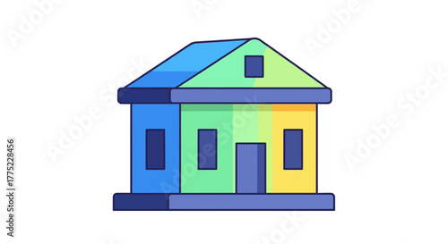 Colorful House Illustration with Blue, Green, and Yellow Sections.