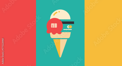 Colorful Ice Cream Cone with Red Overlay Graphic.