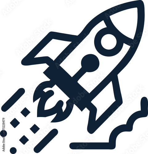 Bold stylized rocket blasts off, leaving a trail of smoke in its upward path