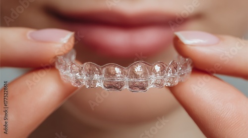female hands holding a clear orthodontic aligner, transparent dental retainer visible in detail