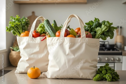 Wallpaper Mural Reusable Cotton Bags with Fresh Produce. Zero Waste and Eco Lifestyle Concept Torontodigital.ca