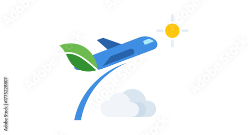 Eco-Friendly Flight - Airplane with Leaf Tail Ascending Towards the Sun.