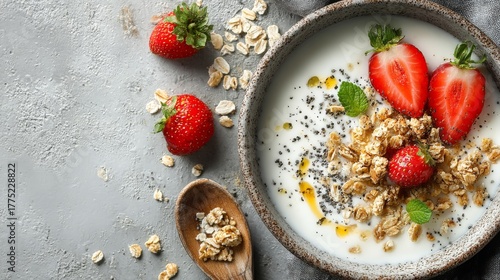 healthy high-protein yogurt tub with granola cluster and strawberry slice on a white background