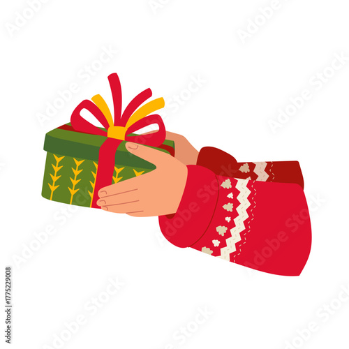 Hands in warm sweater gives Christmas present with decorative ornament. Arms with present in patterned sweaters Winter festive vector illustration for holiday decor, card, print, textile