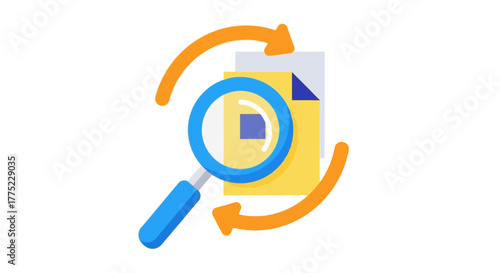 Magnifying Glass Examining Document with Circular Arrows.