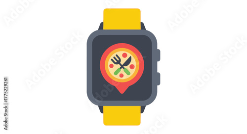 Smartwatch displaying a food delivery app icon with pizza and location pin.