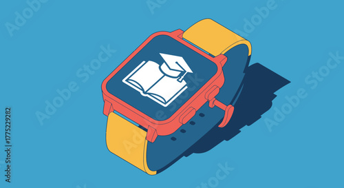 Smartwatch displaying an open book and graduation cap icon representing education.