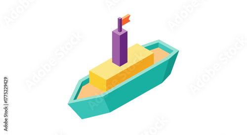 Vibrant Isometric Toy Boat with Mast and Flag.