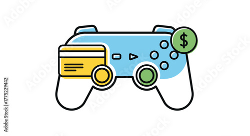 Video game controller with credit card and dollar sign icon.