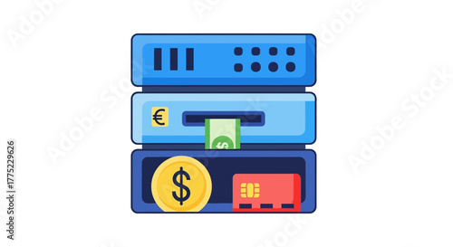 ATM machine with money and credit card for financial transactions.