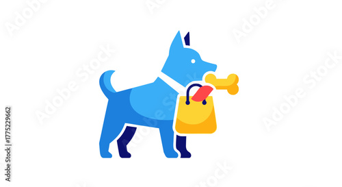 Blue dog holding a yellow shopping bag with a bone inside.