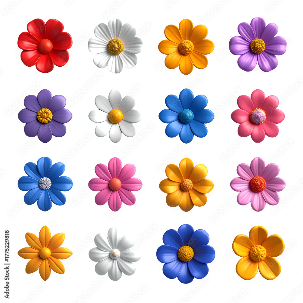 Obraz premium Vivid 3D floral arrangement, array of colorful, stylized blossoms against a black backdrop