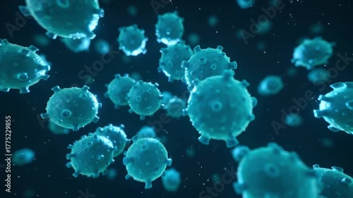 Wallpaper Mural Floating microbe particle field with soft turquoise glow, depth-of-field blur revealing biological cells in motion, symbolizing microbiology, infection study, and microscopic scientific visualization. Torontodigital.ca