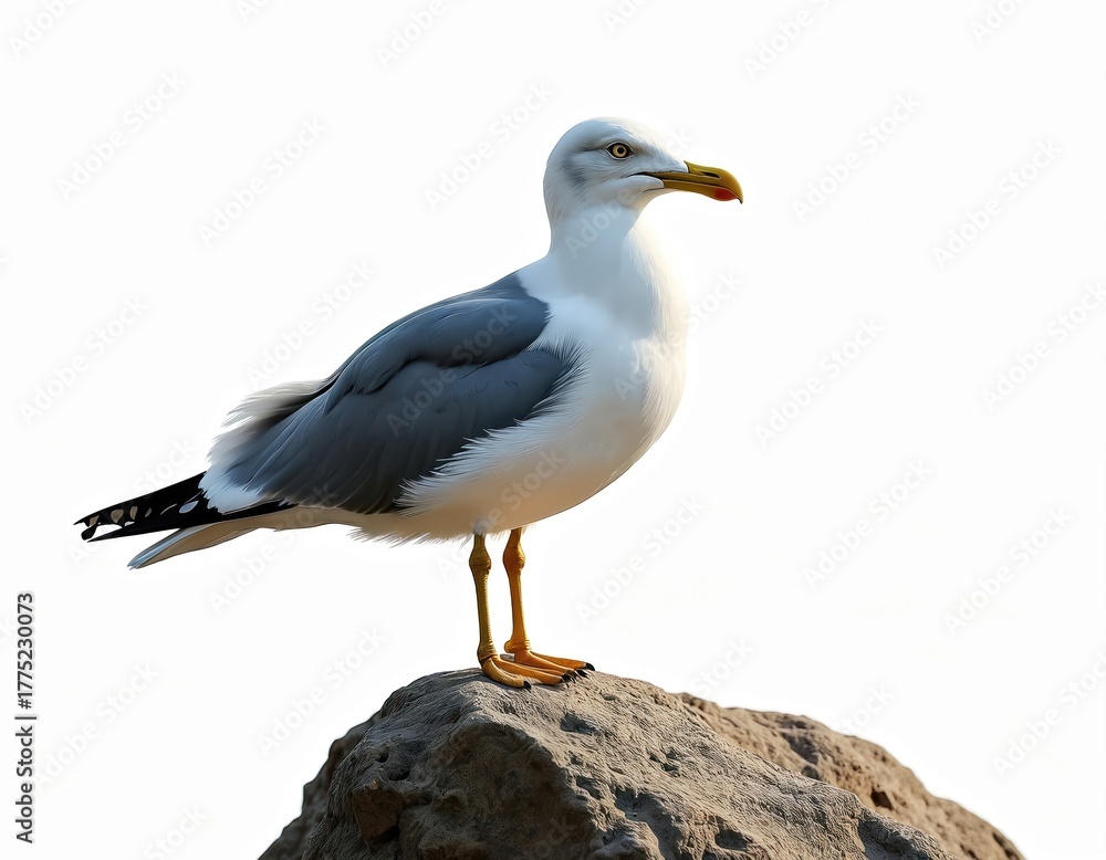 Obraz premium Seagull bird sits on rock isolated on white background. Wild seabird stands alone on stone with white, grey plumage. Beautiful gull yellow beak, legs. Animal cutout portrait with plenty of copy space