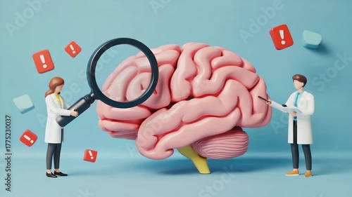 3D Medical Scene of Doctors Examining Human Brain with Magnifying Glass. Concept for Neurology, Mental Health, Diagnosis, and Scientific Research on a Blue Background.