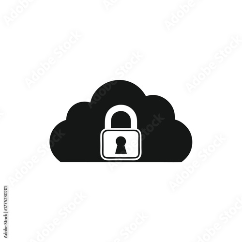 A stylized dark cloud encompasses a centered padlock icon on a white backdrop